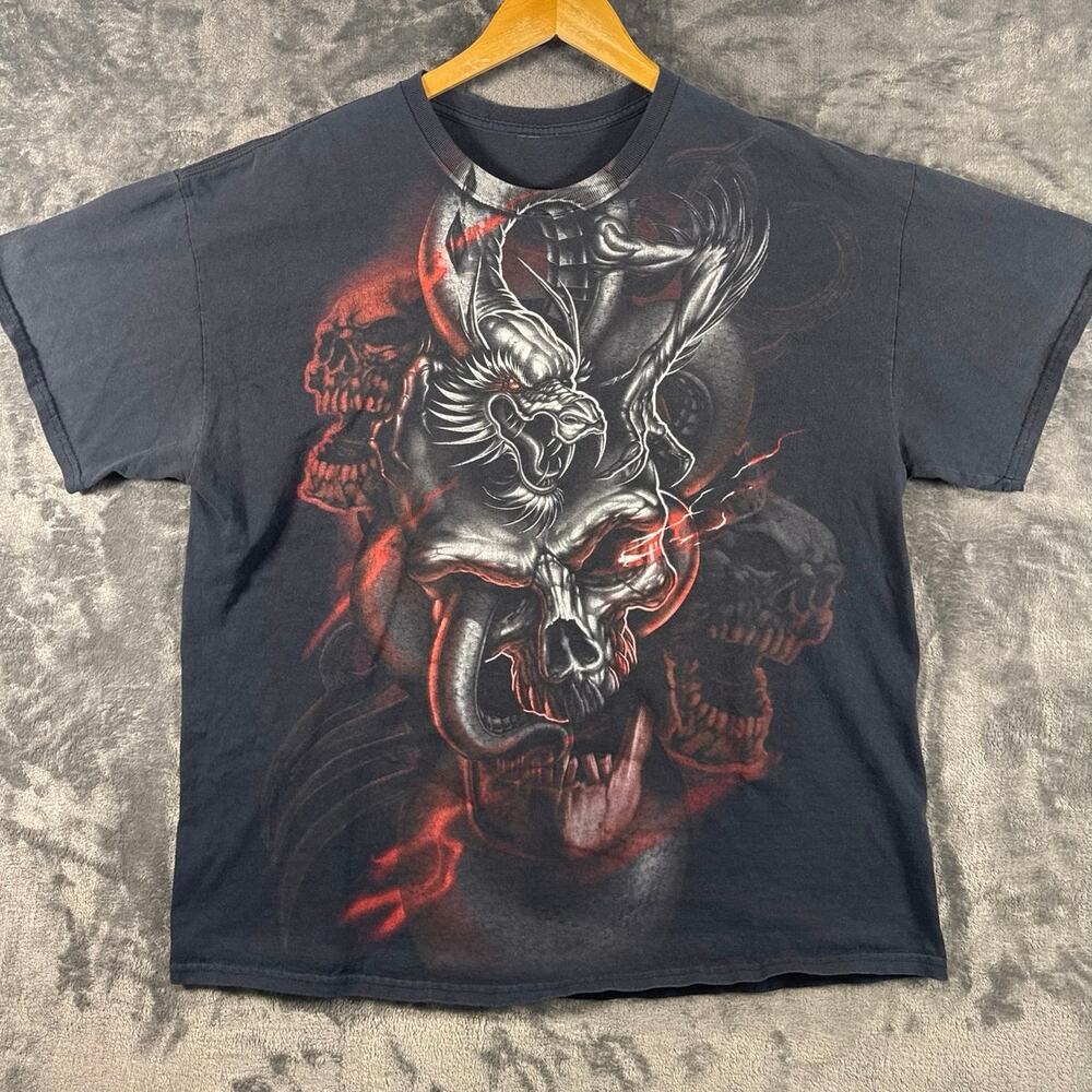 Y2K Grunge Cyber Dragon Skull Graphic T Shirt Unisex XL Black Goth Emo Punk